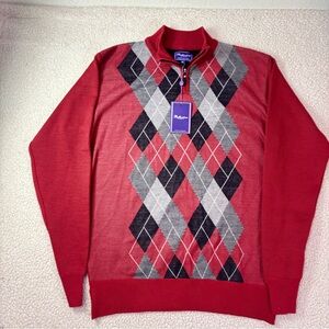 Ballantrae Edinburgh Argyle Half Zip Sweater Red Gray Black NWT Men’s XL